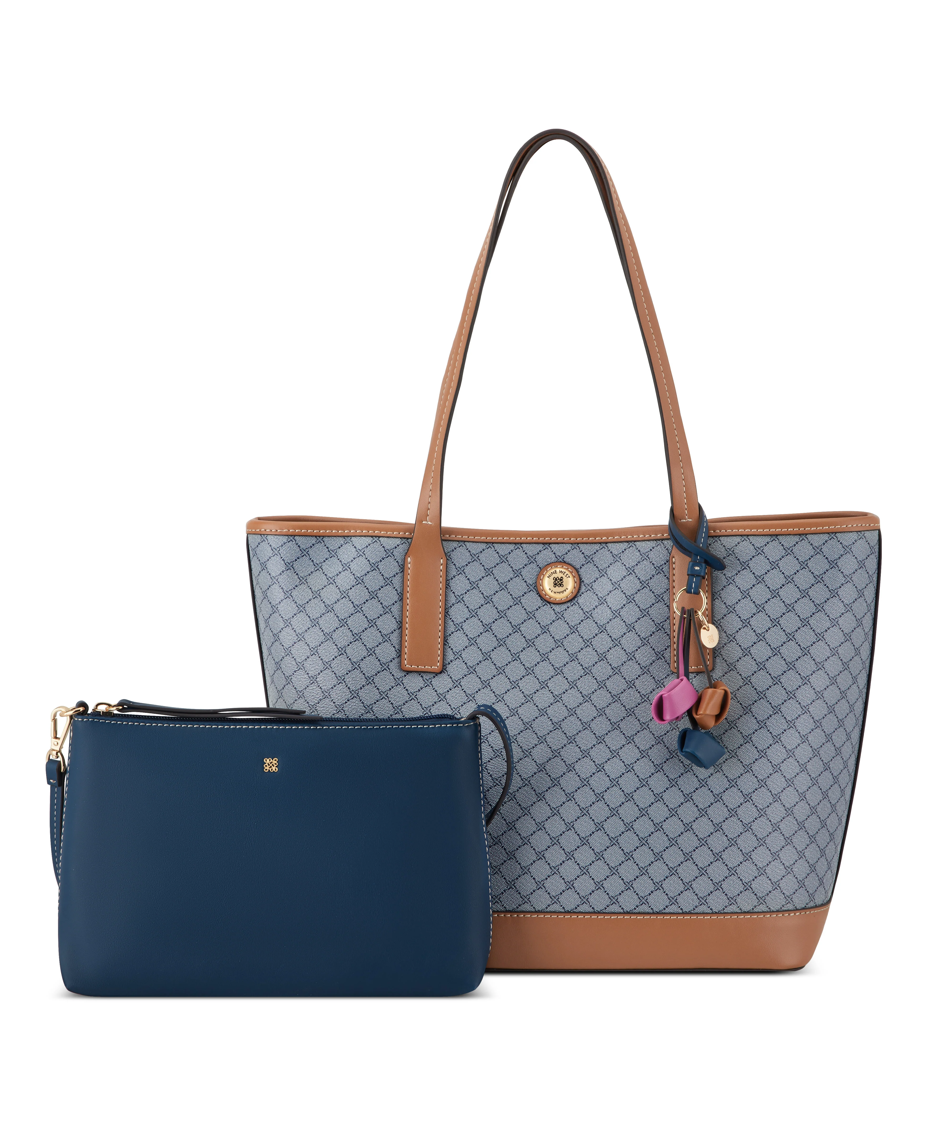 NINE WEST HANDBAGS TALLEY 2 IN 1 TOTE CHAMBRAY LOGO/BRANDY